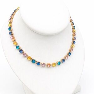 Pastel Crystal Tennis Necklace | Gold Tone Rainbow Rhinestone Statement Choker